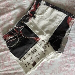 SHEIN Black & White Patchwork Distressed Denim Shorts with Red Accents